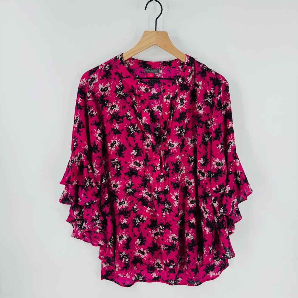 Vince Camuto Magenta Black White Floral Blouse Flowy Ruffle Blouse Size XL